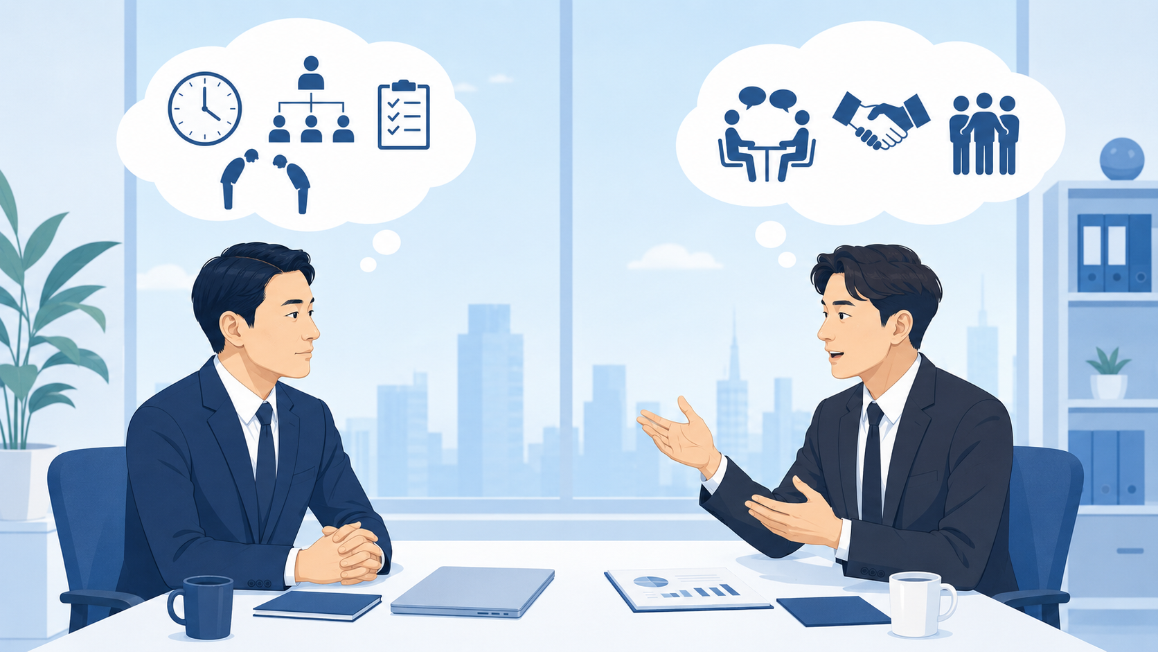日韓の商談場面で認識のズレが生じている様子を表したビジネスイラスト