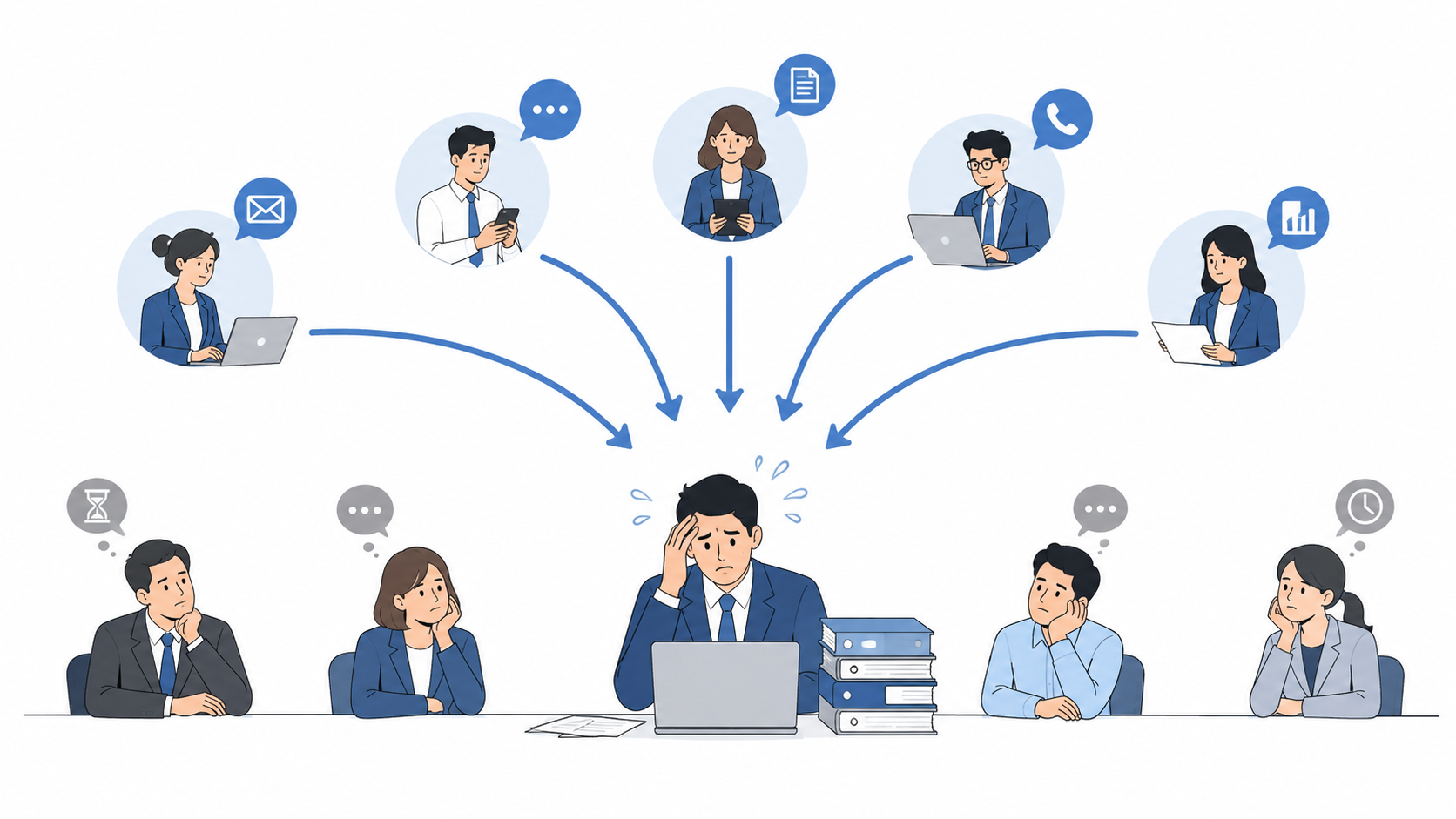 一人の人物に仕事が集中している構造を示したビジネスチームのイラスト